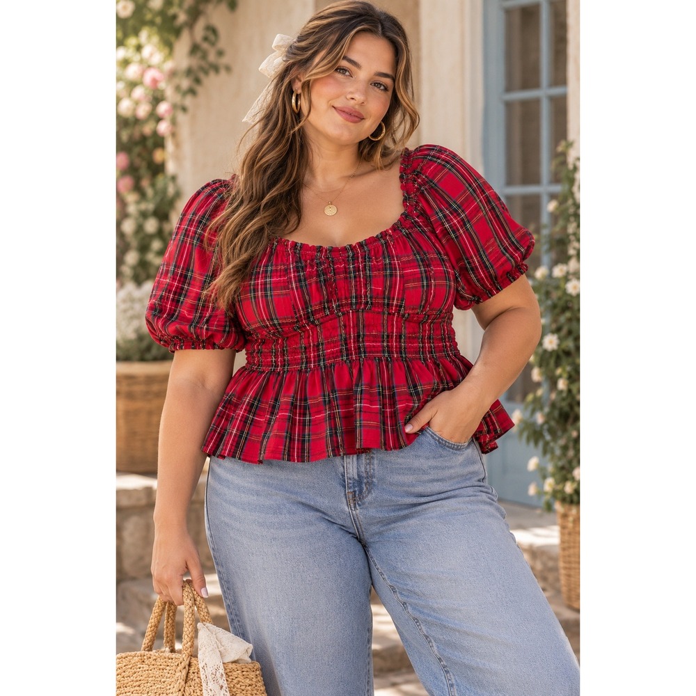 Gap Plaid Peplum Top Womens XL Red Tartan Cotton Smocked Puff Sleeve Cottagecore